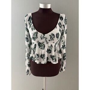 Hollister White Green Floral Top XS Smocked Peplum Milkmaid Boho Coquette